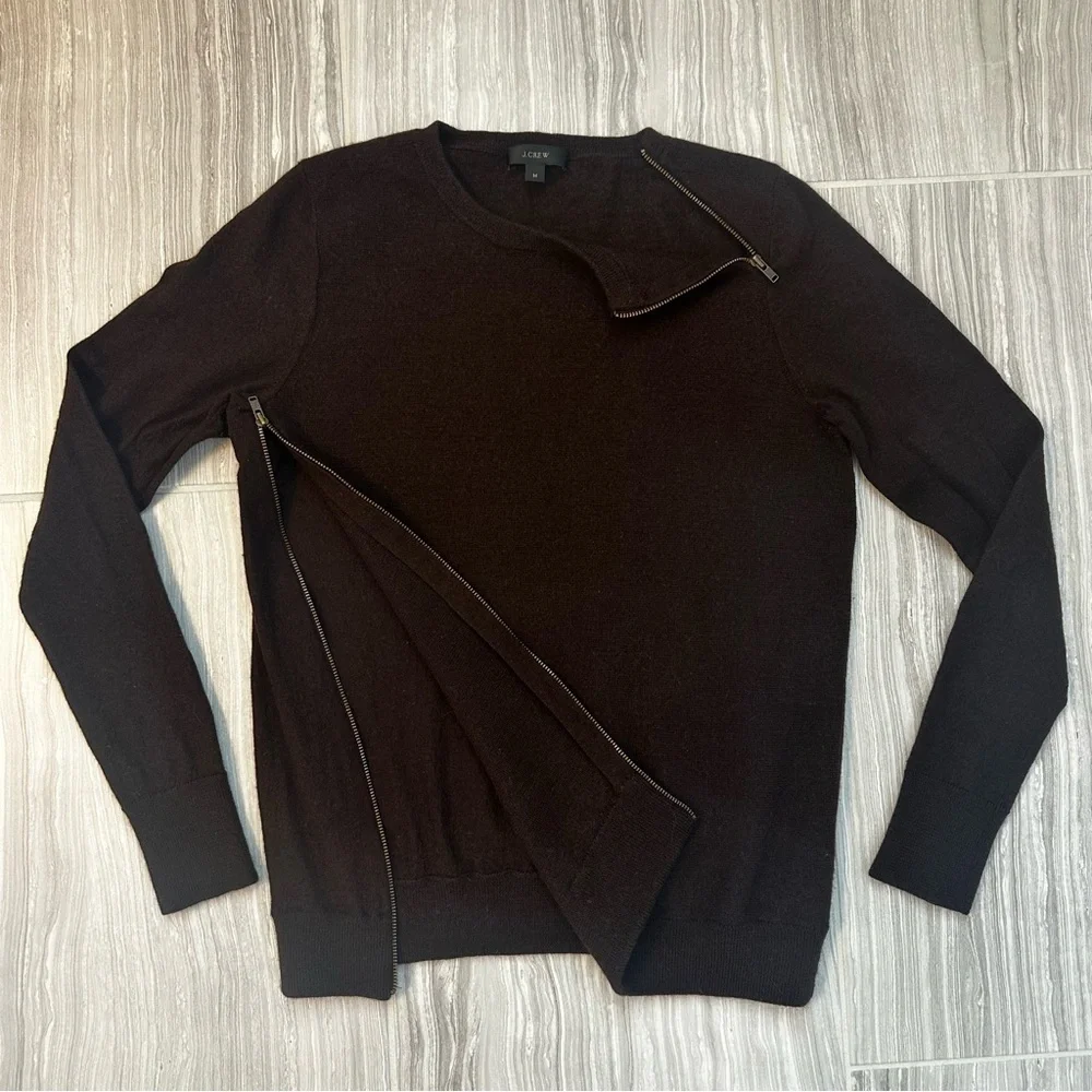 J Crew 100% Merino Wool Sweater M | Asymmetrical Zipper Chocolate Brown GUC